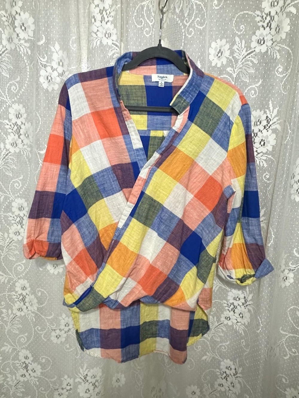 Hayden Los Angeles Multicolor Plaid Oversized Cross Front Top Blouse - Small
